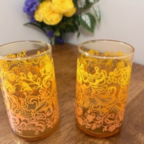 Vintage Libbey Amber Ombre Floral Paisley Glasses Set of 2 Mid-Century Juice or - Picture 2 of 5
